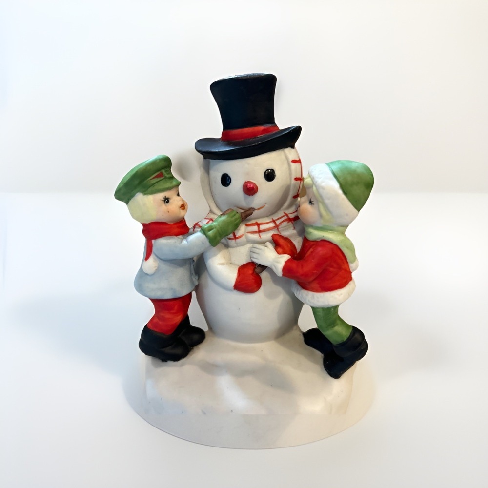 1982 Seymour Mann Music Box Snowman With‎ 2 Boys-Works! No Chips Or Cracks!